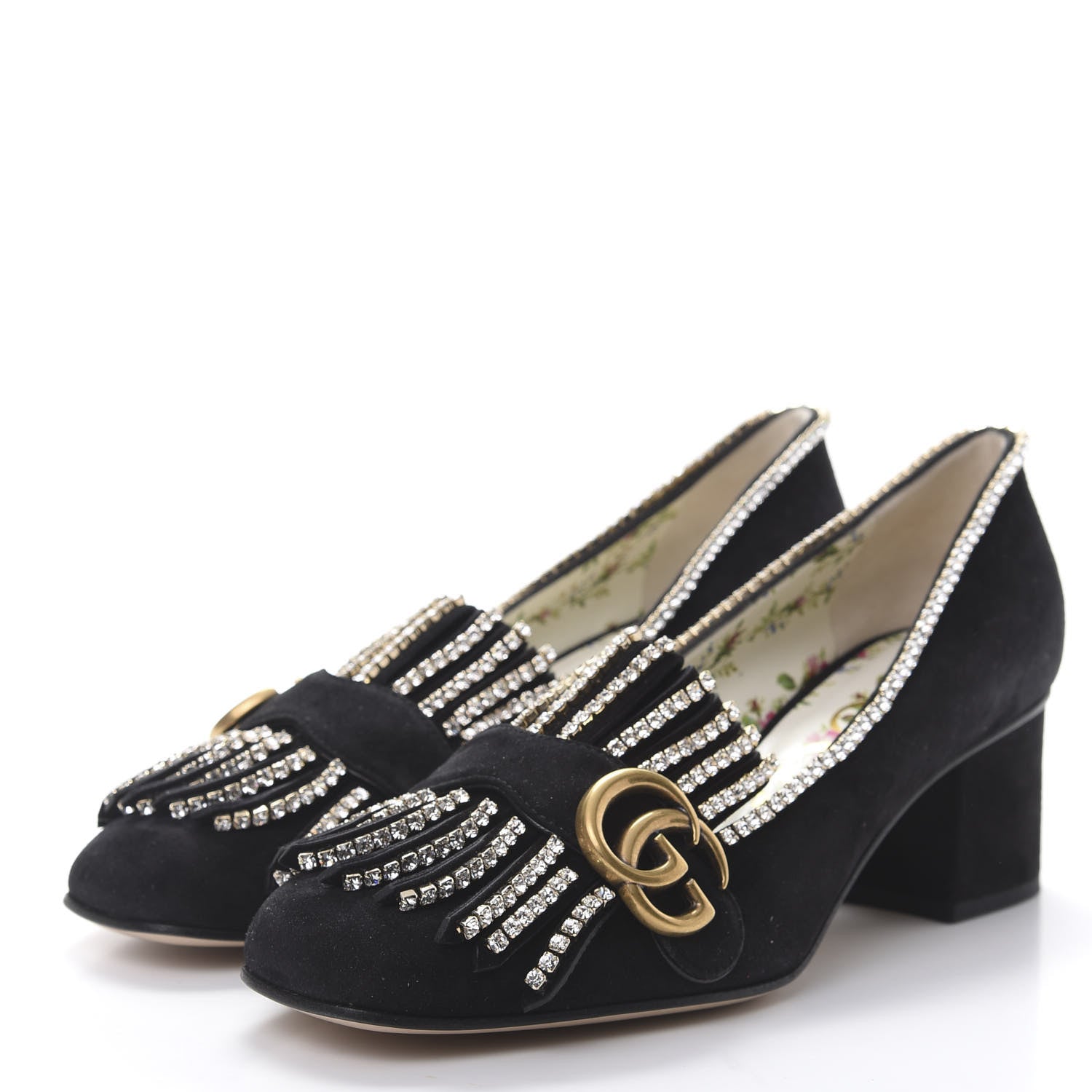 Gucci Kid Scamosciato Crystal GG Marmont Fringe 50mm Loafer Pumps 39 Black 3 of 11