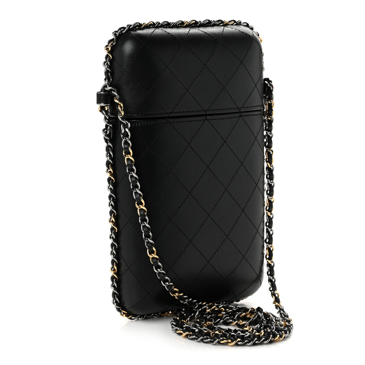 Lambskin Quilted Chain Around Phone Holder Black