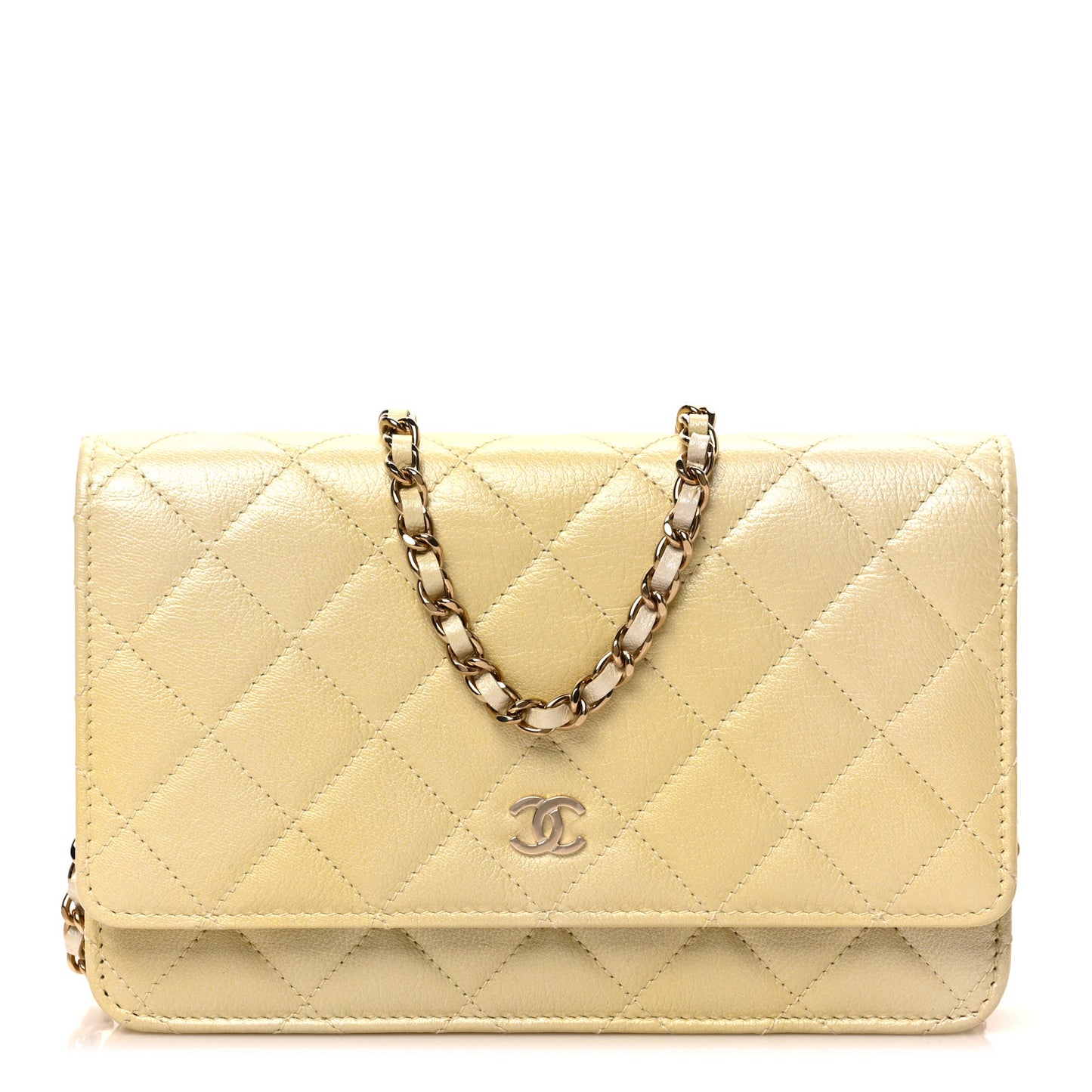 Cloudy Pearly Goatskin Quilted Wallet on Chain WOC Light Yellow