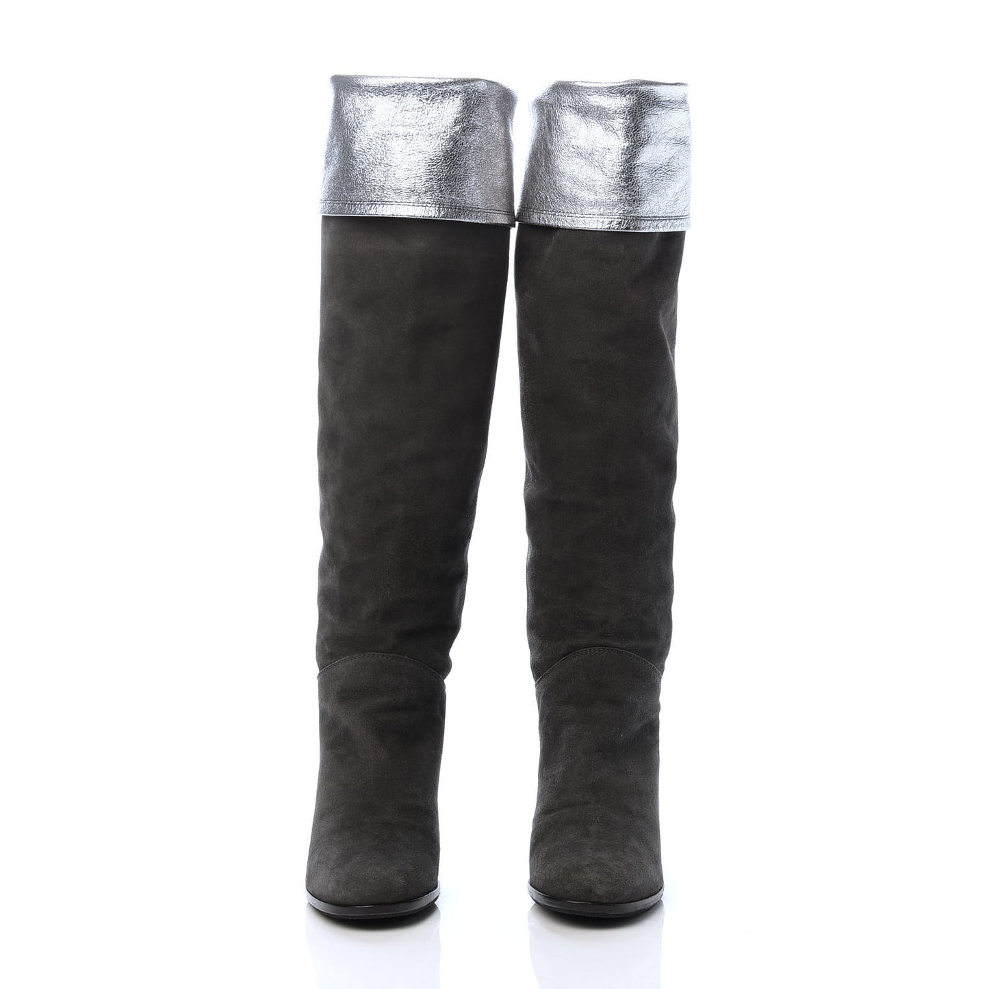 Kid Suede Metallic Lambskin CC Fold Over Knee High Boots 36.5 Grey