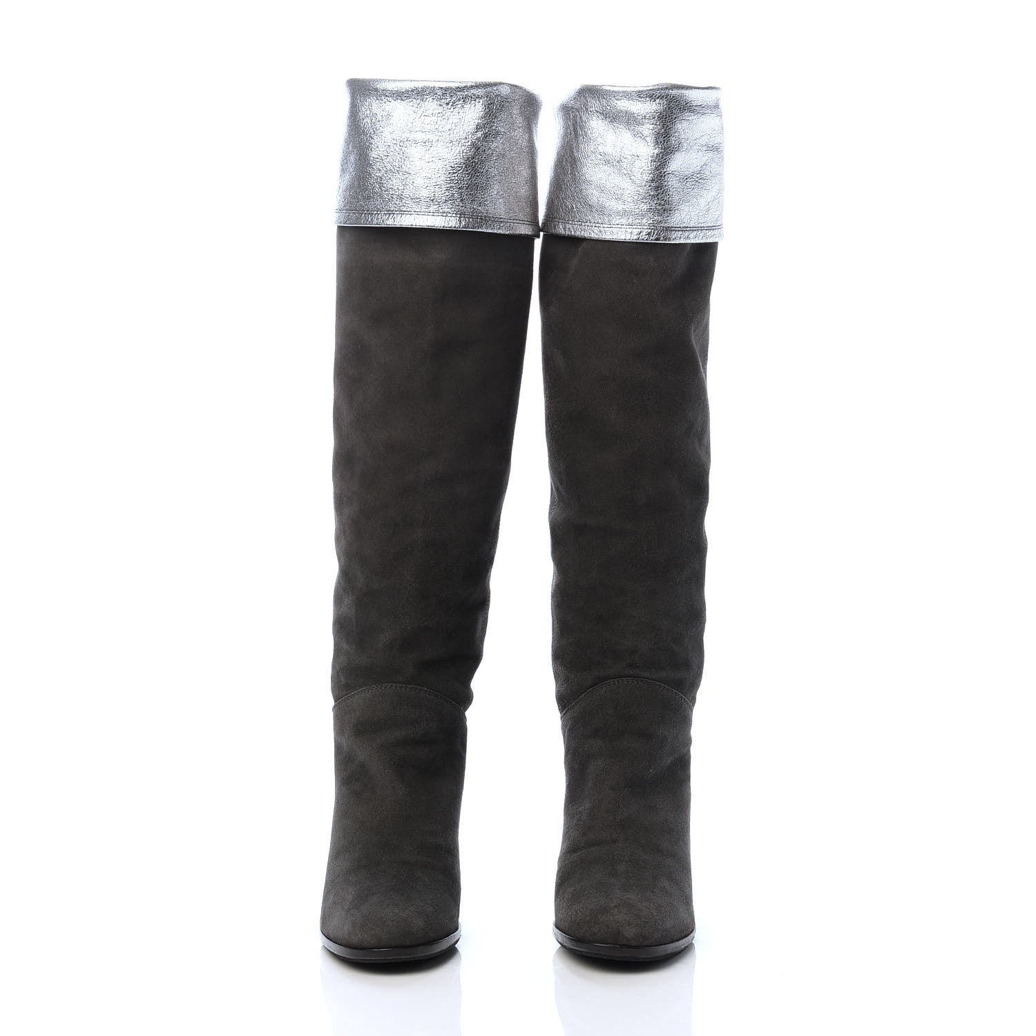 Chanel Kid Suede Metallic Lambskin CC Fold Over Knee High Boots 36.5 Grey 2 of 6