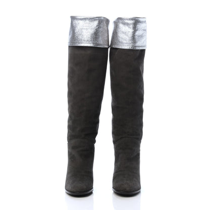 Chanel Kid Suede Metallic Lambskin CC Fold Over Knee High Boots 36.5 Grey 2 of 6