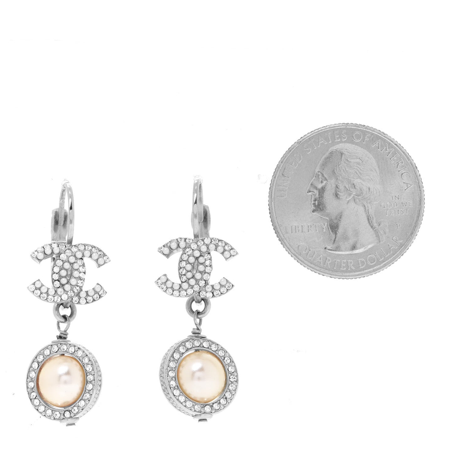 Crystal Pearl CC Drop Earrings Silver