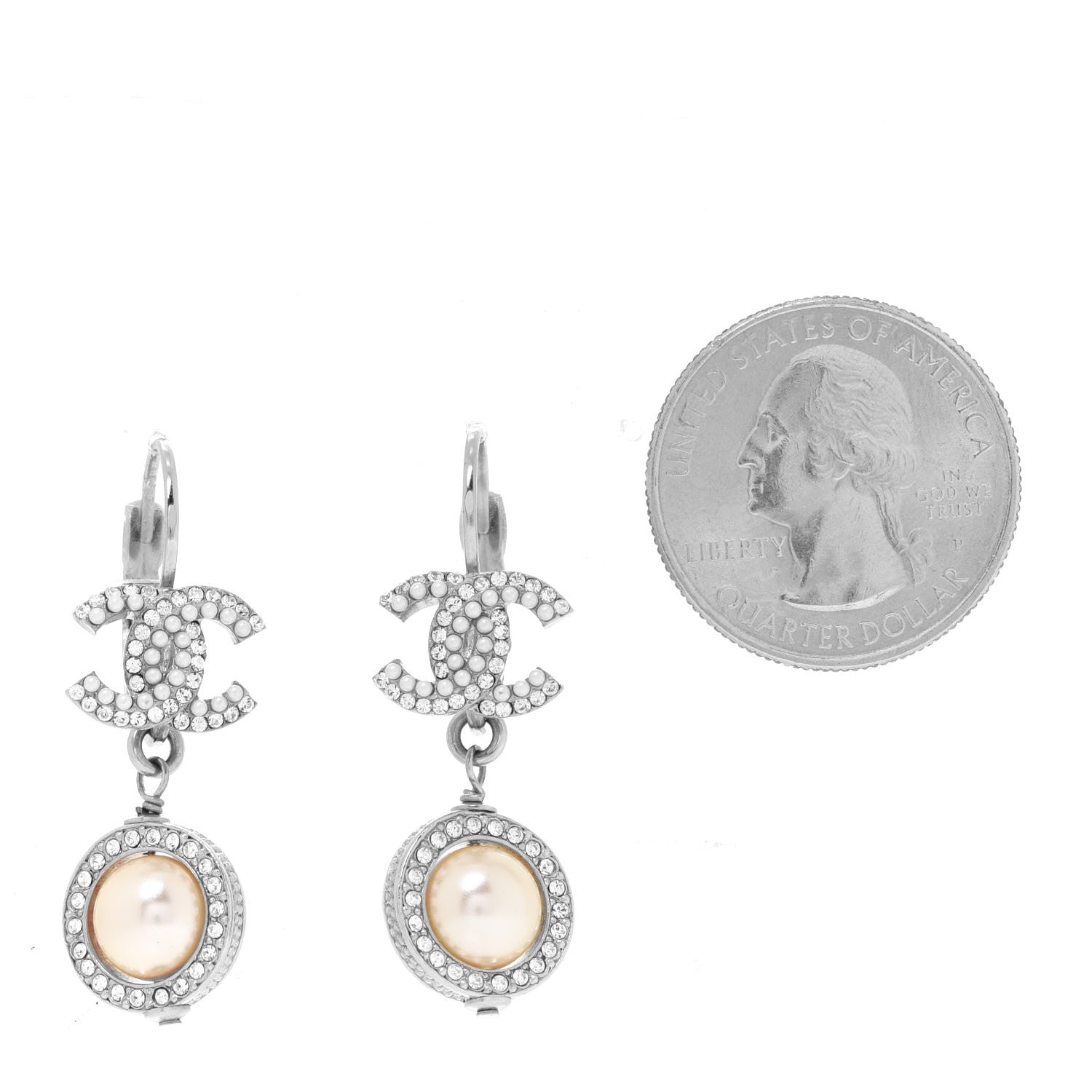 Chanel Crystal Pearl CC Drop Earrings Silver 2 of 5