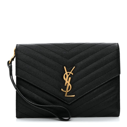 Saint Laurent Grain De Poudre Matelasse Chevron Monogram Envelope Clutch Black 1 of 8