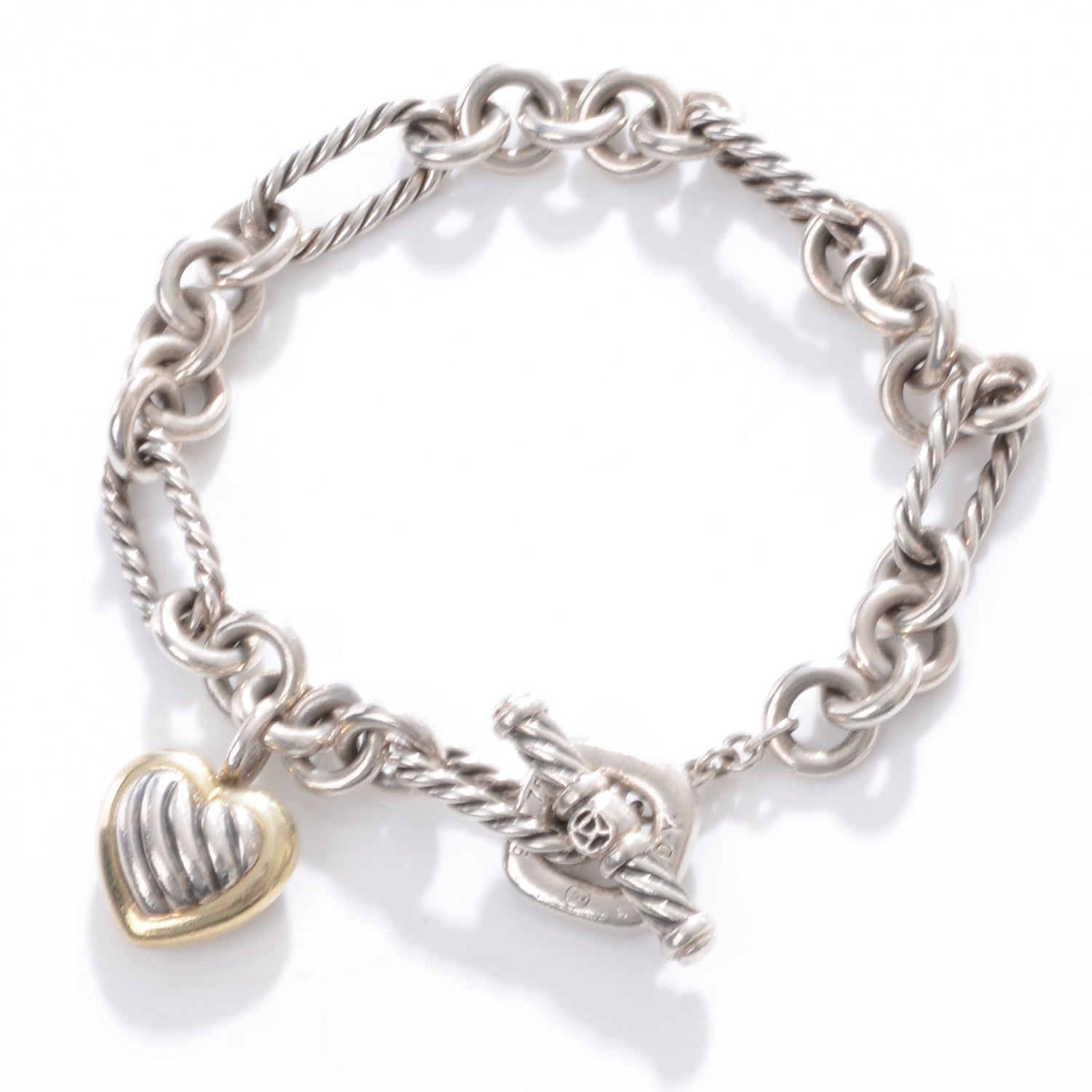 David Yurman Sterling Silver 18K Yellow Gold Cable Heart Charm Bracelet 1 of 4