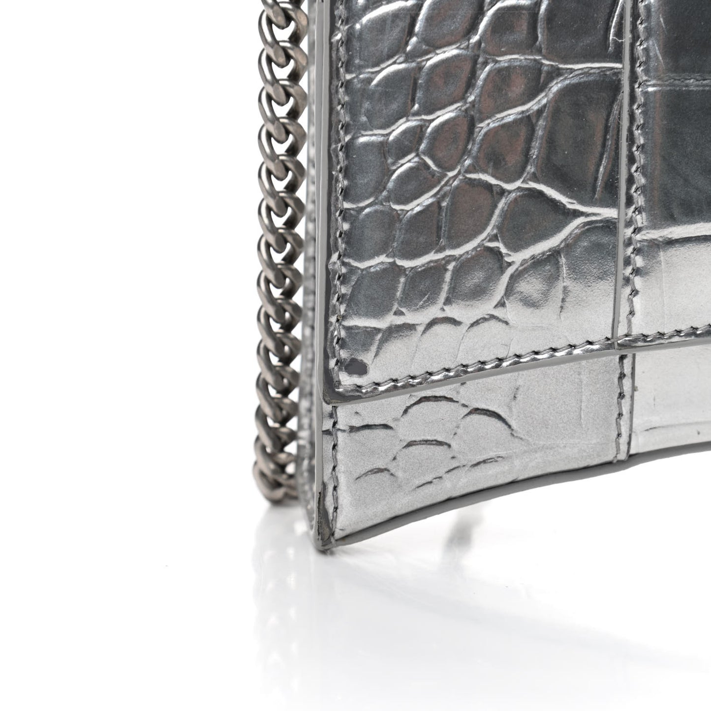 Metallic Calfskin Crocodile Embossed Hourglass Chain Bag Silver