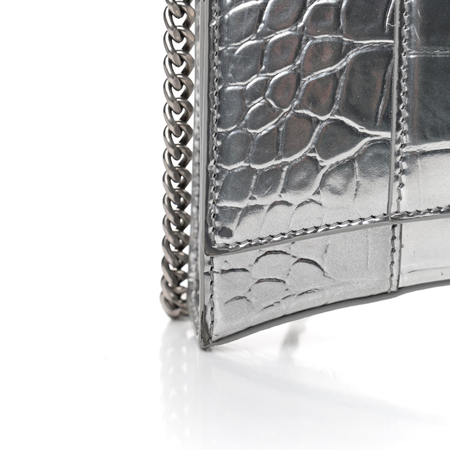 Balenciaga Metallic Calfskin Crocodile Embossed Hourglass Chain Bag Silver 6 of 7