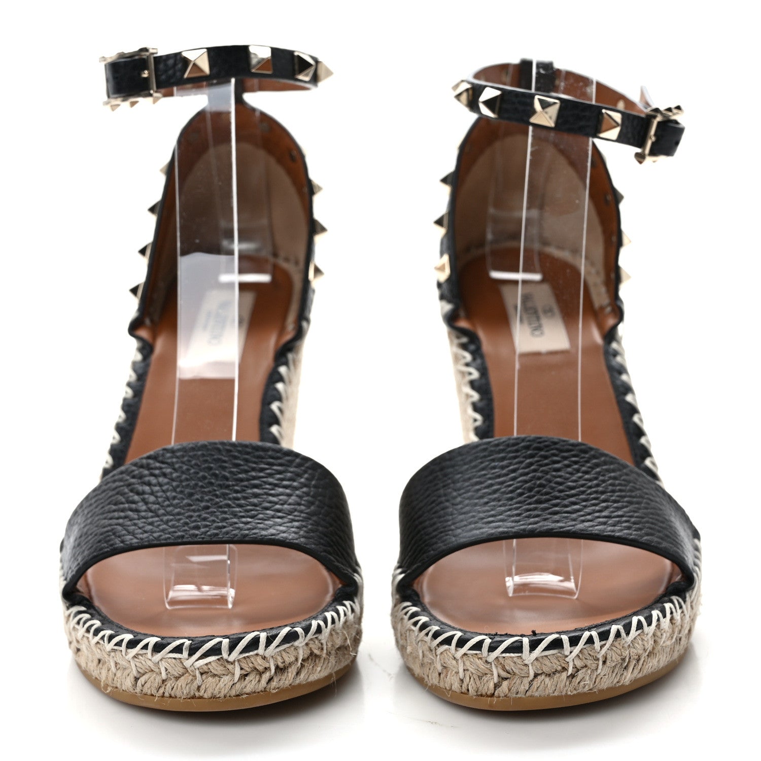 Valentino Garavani Grained Calfskin Rockstud Ankle Strap Espadrille 15/105mm Wedge Sandals 38 Poudre Black 2 of 10