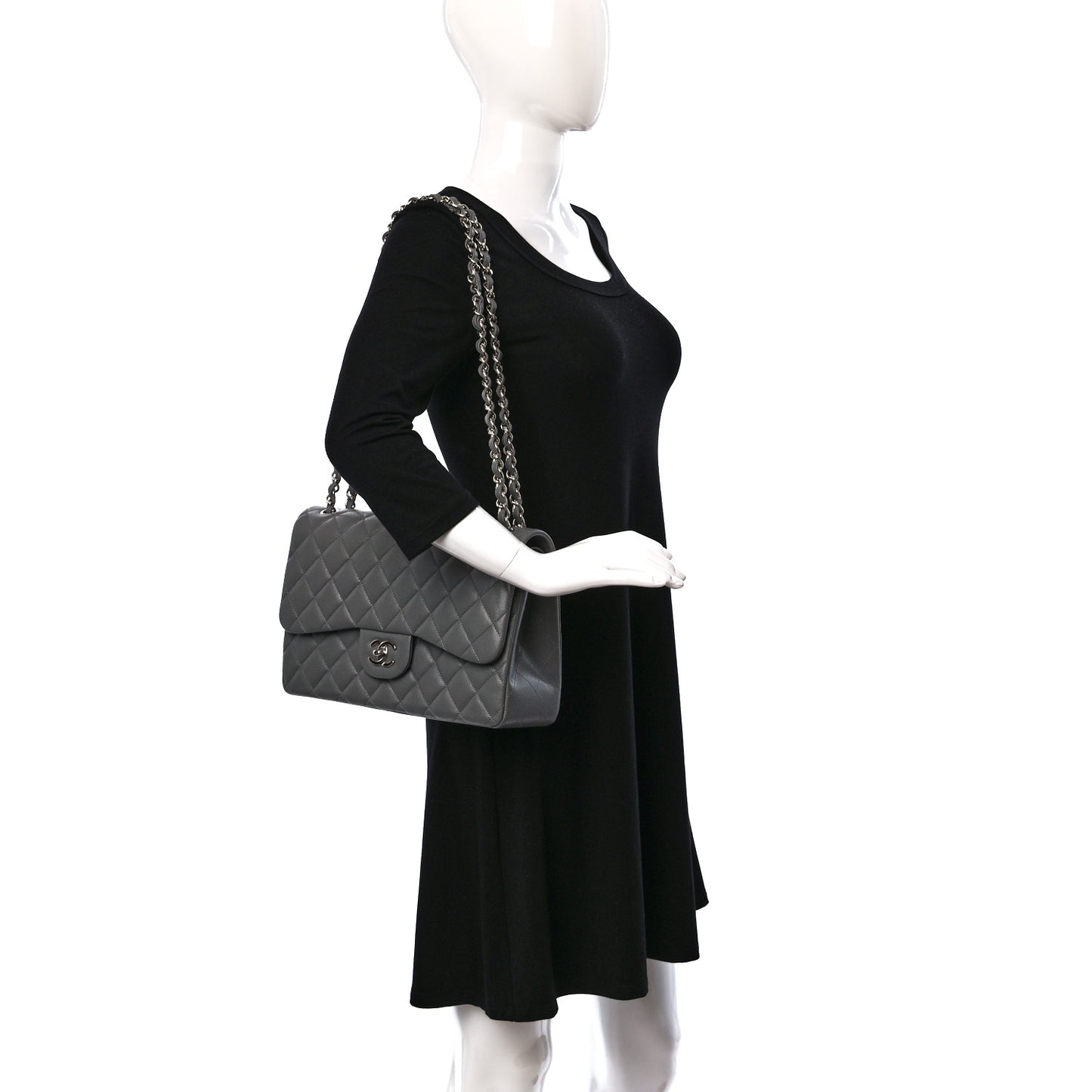 Caviar Quilted Jumbo Double Flap Grey