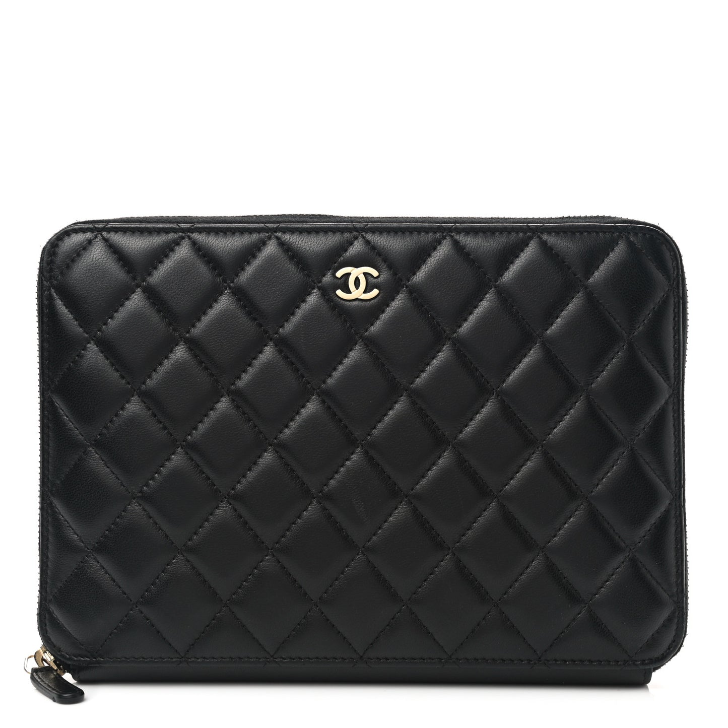 Lambskin Quilted Large Zip Around Organizer Wallet Black