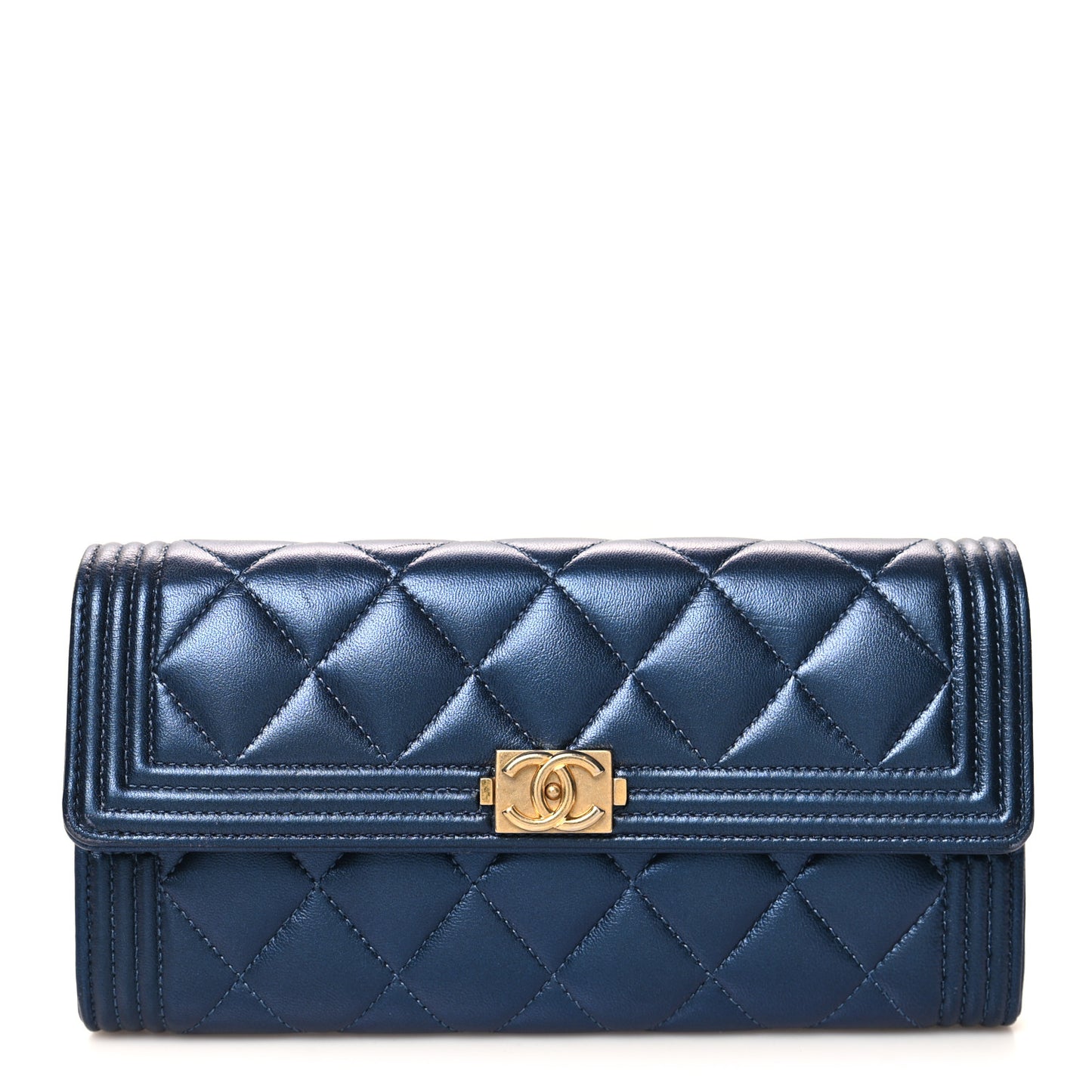 Metallic Lambskin Quilted Large Boy Gusset Flap Wallet Blue