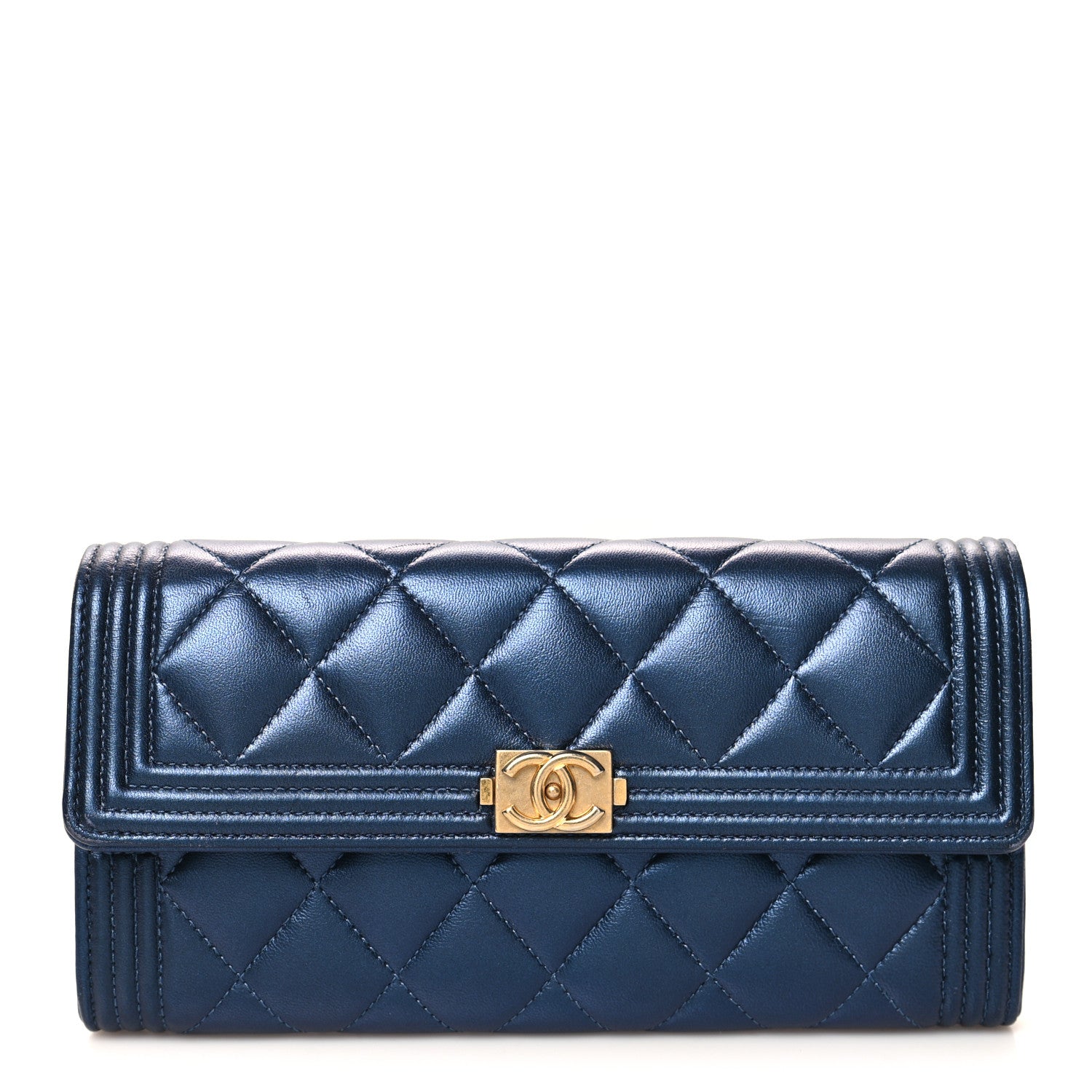 Chanel Metallic Lambskin Quilted Large Boy Gusset Flap Wallet Blue 1 of 9