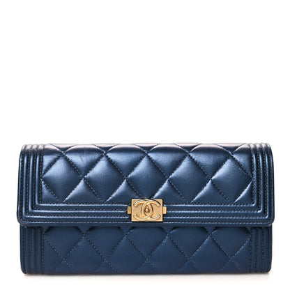 Chanel Metallic Lambskin Quilted Large Boy Gusset Flap Wallet Blue 1 of 9