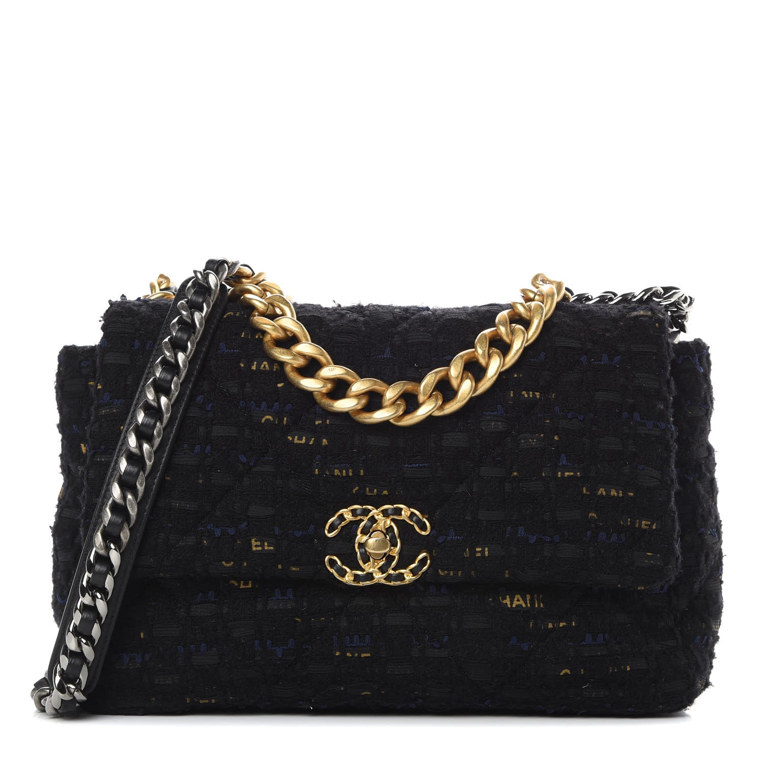 Chanel Tweed Quilted Large 19 Flap Black Navy Gold 1 of 11