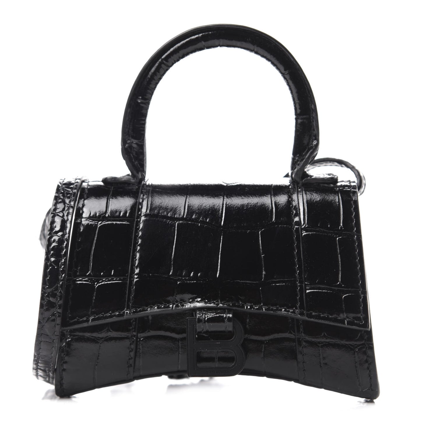 Shiny Calfskin Monochrome Crocodile Embossed Hourglass Top Handle Bag Mini Black