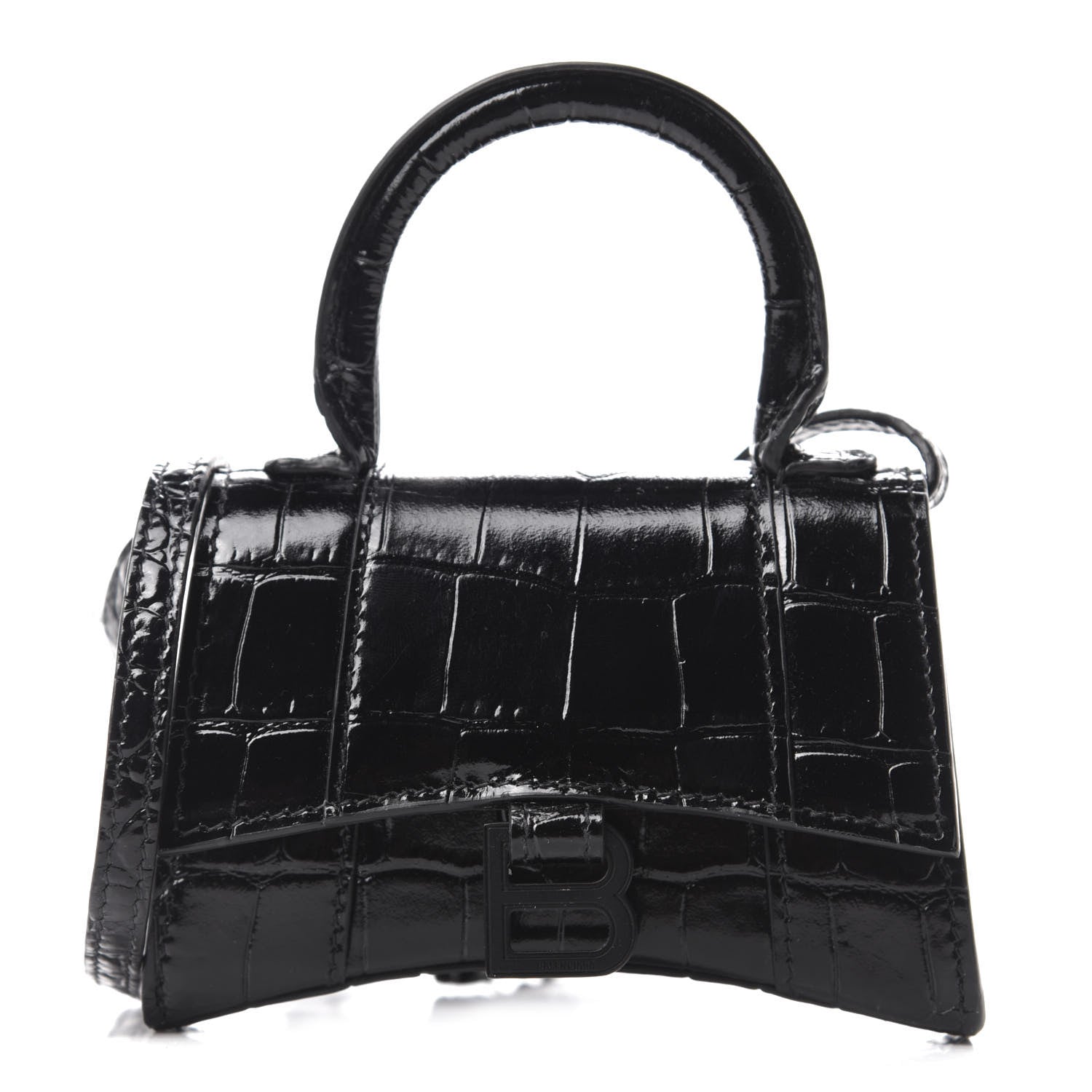 Balenciaga Shiny Calfskin Monochrome Crocodile Embossed Hourglass Top Handle Bag Mini Black 1 of 10