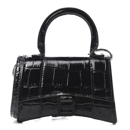 Balenciaga Shiny Calfskin Monochrome Crocodile Embossed Hourglass Top Handle Bag Mini Black 1 of 10