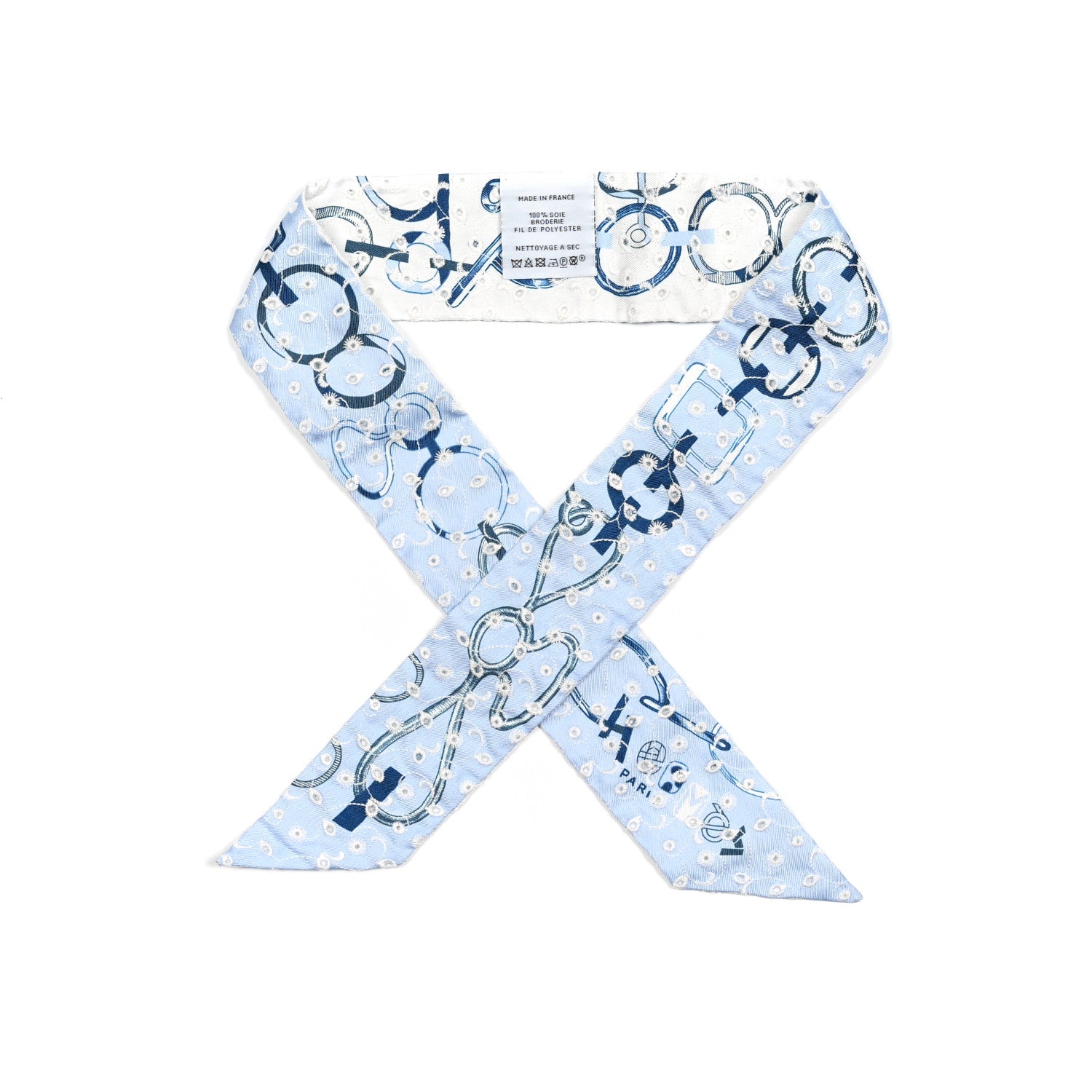 Hermes Silk Embroidered Do Re Boucles Broderie Anglaise Twilly Bleu White Marine 1 of 4