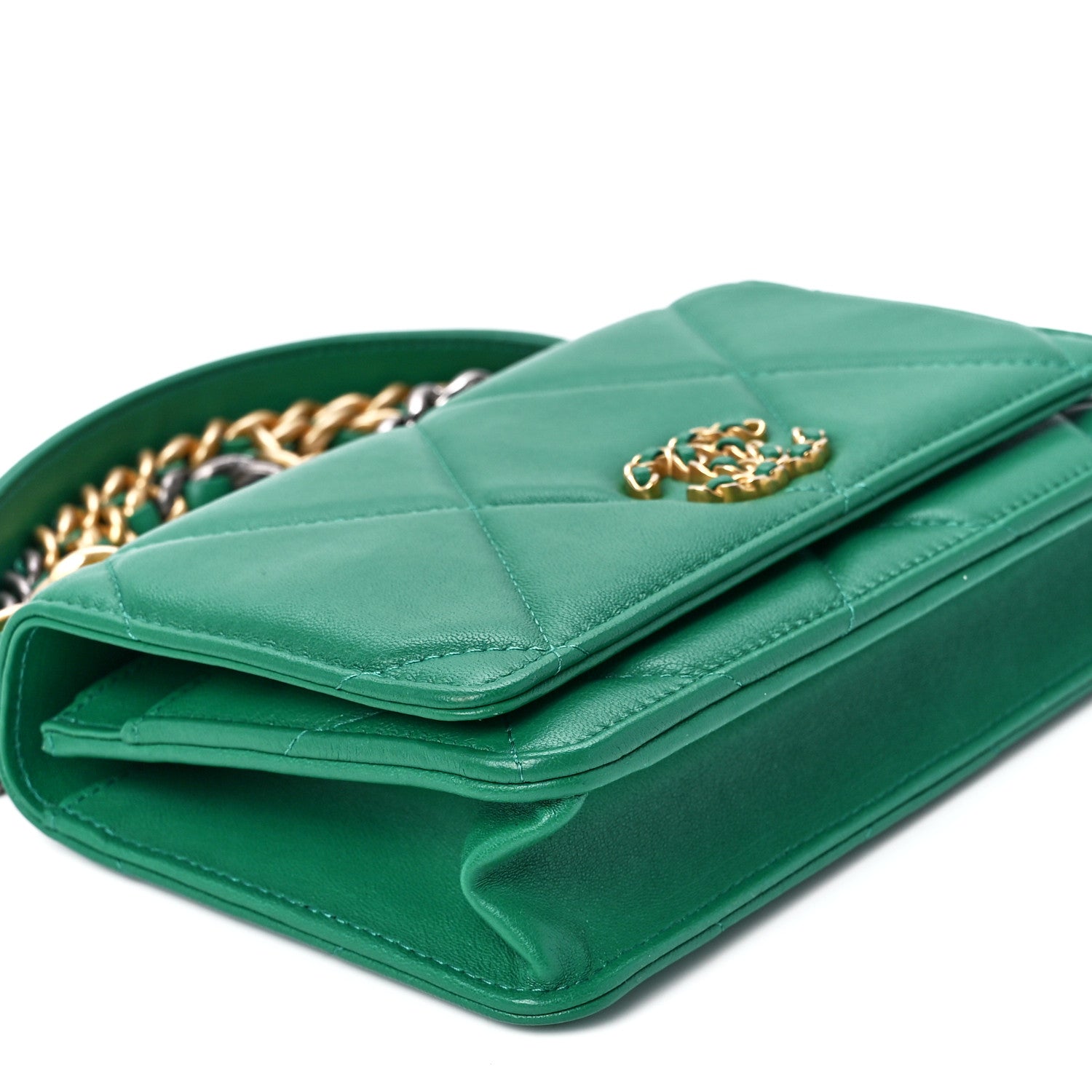 Chanel Shiny Lambskin Quilted Chanel 19 Wallet On Chain WOC Green 11 of 12