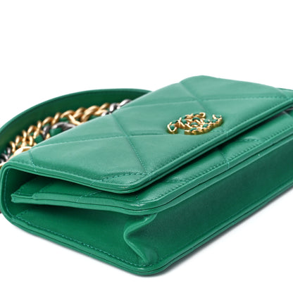 Chanel Shiny Lambskin Quilted Chanel 19 Wallet On Chain WOC Green 11 of 12
