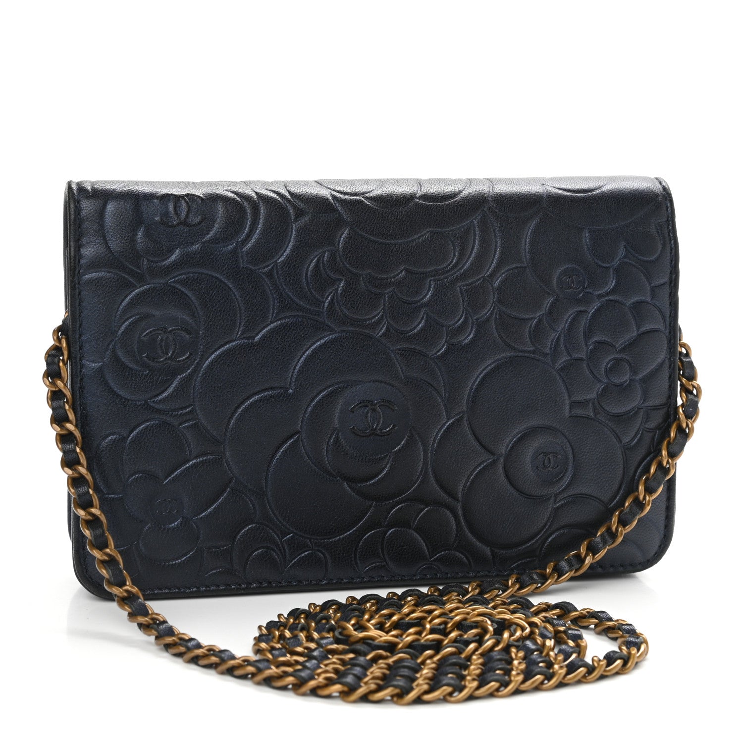 Chanel Goatskin Camellia Embossed Wallet On Chain WOC Navy 3 of 11