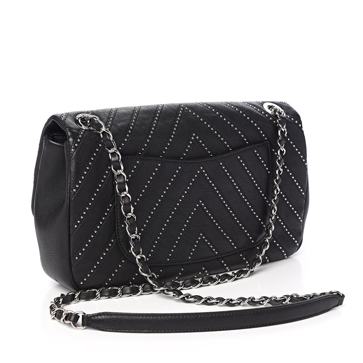 Calfskin Studded Chevron Quilted Wars Flap Black