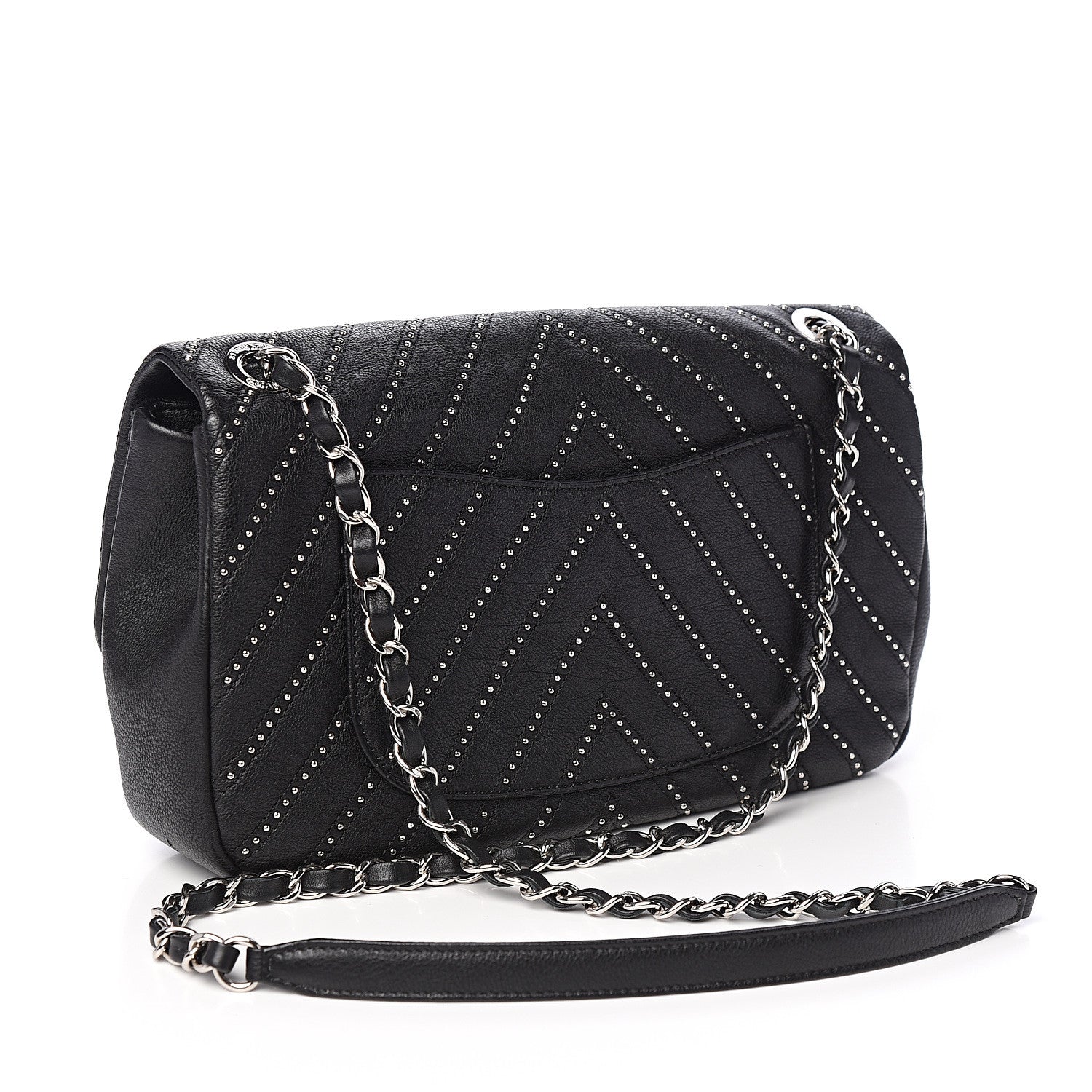 Chanel Calfskin Studded Chevron Quilted Wars Flap Black 2 of 9