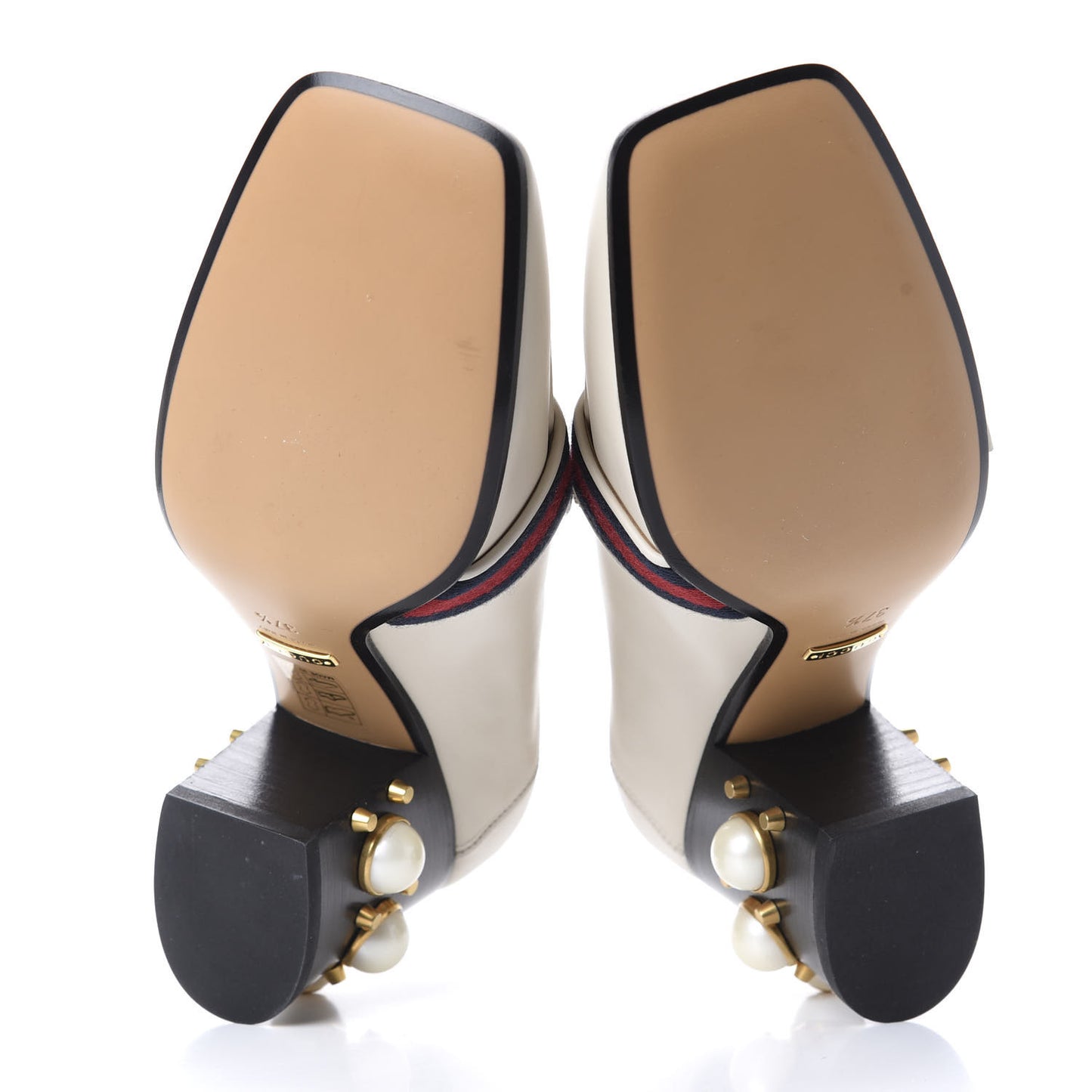 Betis Glamour Calfskin Web Pearl Embellished Peyton 75mm Loafer Pumps 37.5 Mystic White