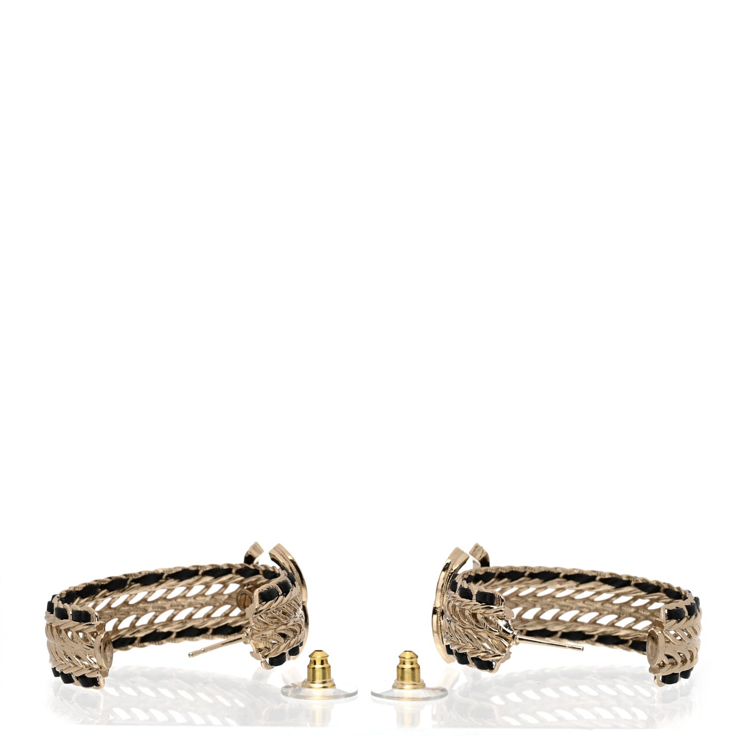 Crystal Lambskin CC Double Chain Hoop Earrings Gold Black