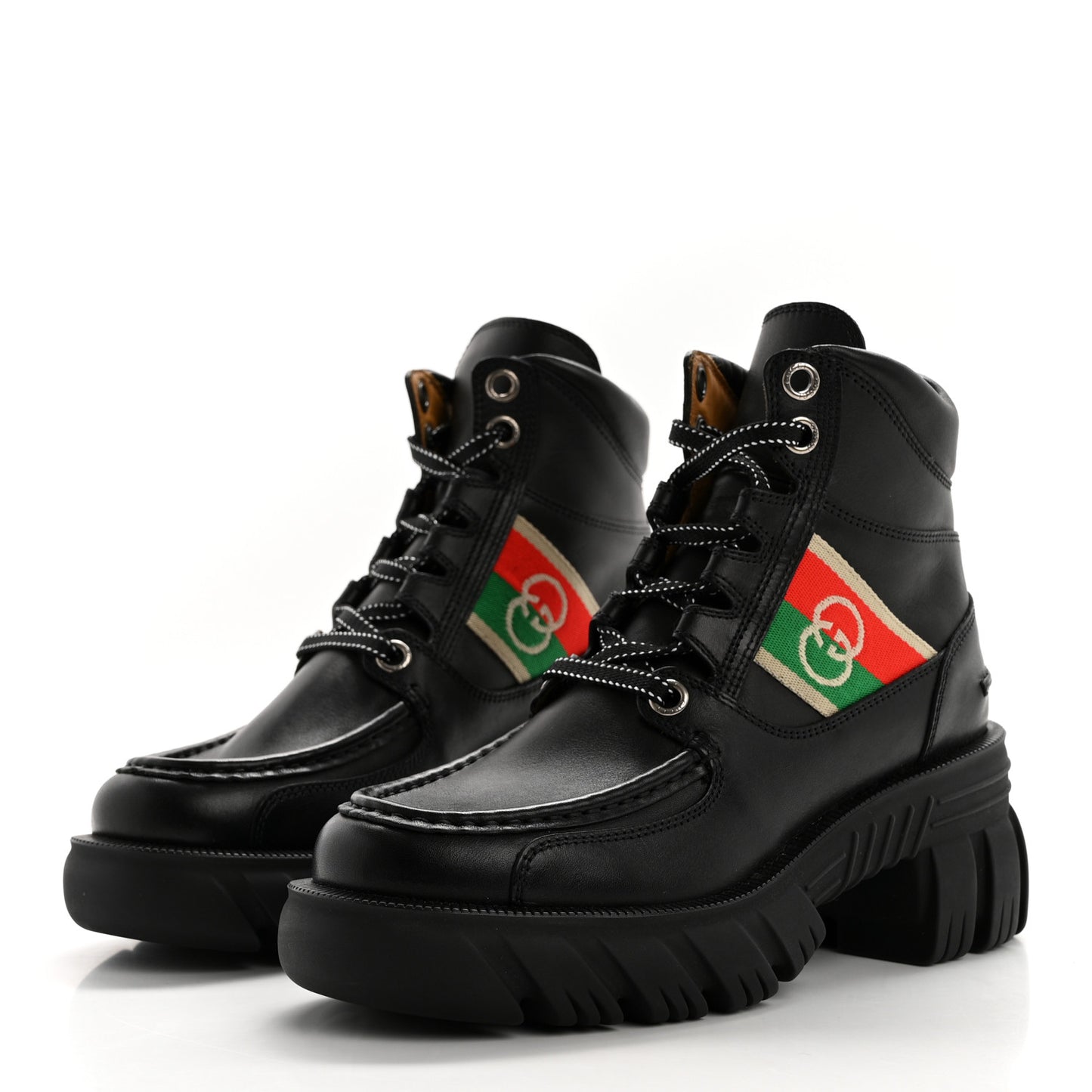 Quebec Calfskin Web Womens Interlocking G Lace Up Combat Boots 35 Black Mystic White Green Red