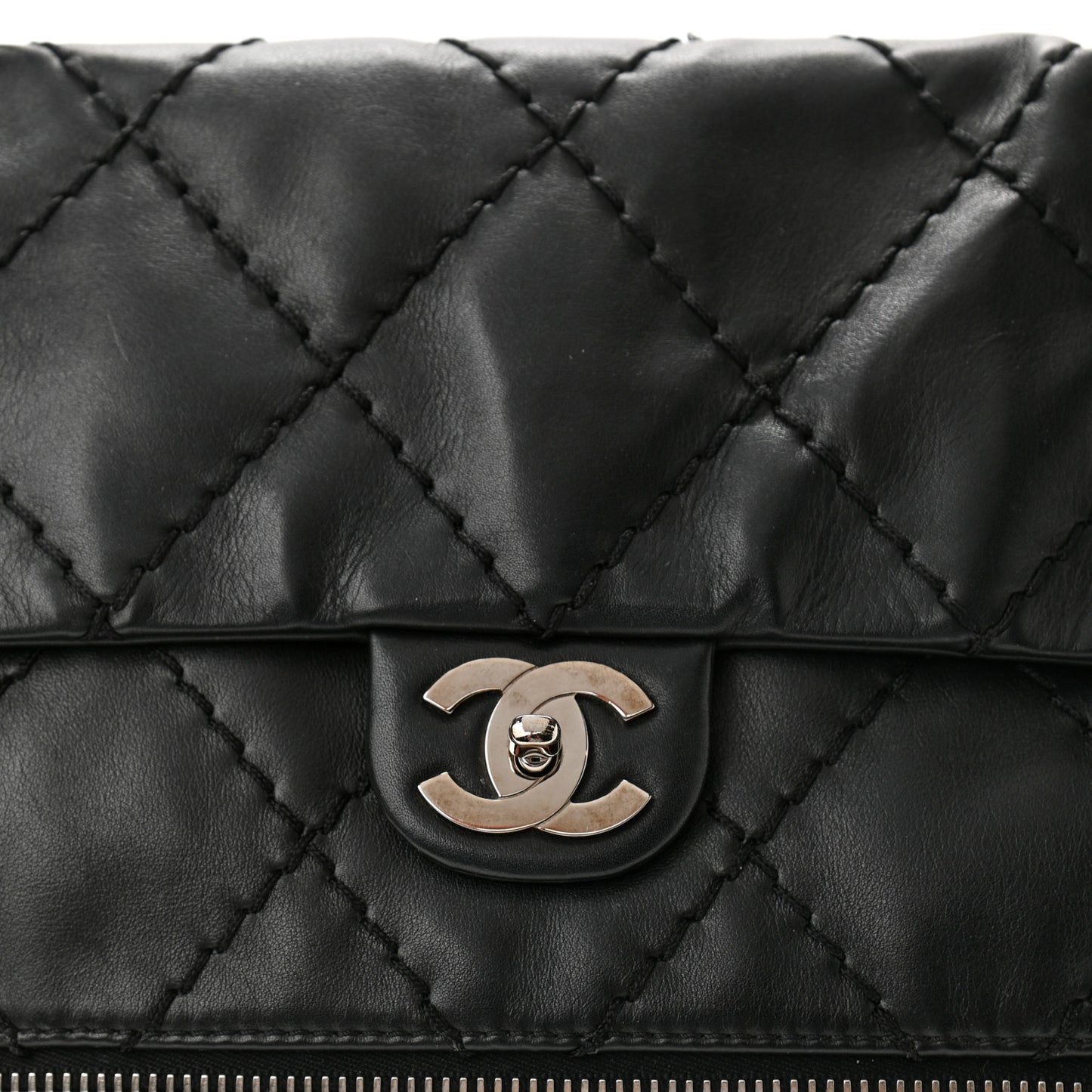 Calfskin Stitched Large Expandable Flap Bag Black