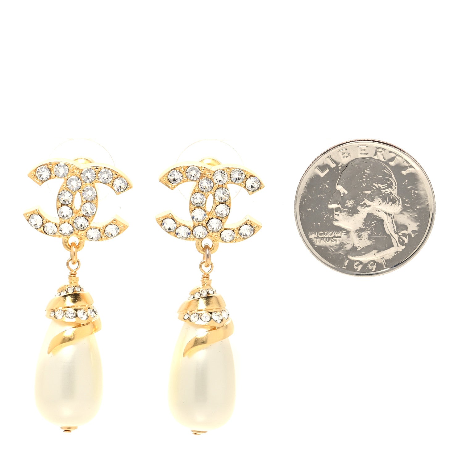 Chanel Crystal Long Pearl CC Drop Earrings Gold 2 of 4