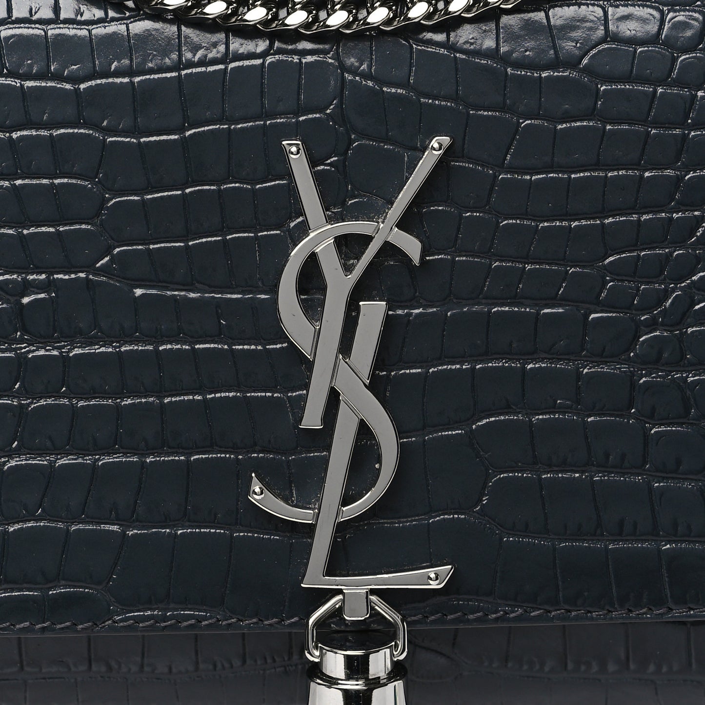 Calfskin Crocodile Embossed Small Classic Monogram Kate Tassel Satchel Navy