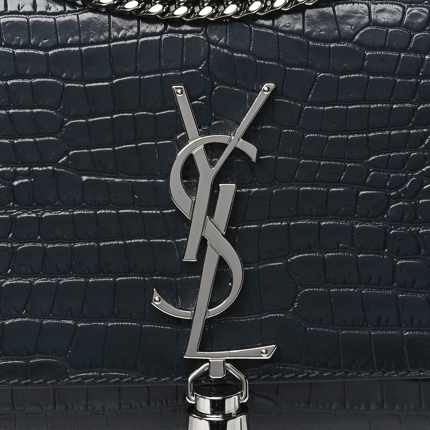 Saint Laurent Calfskin Crocodile Embossed Small Classic Monogram Kate Tassel Satchel Navy 6 of 8