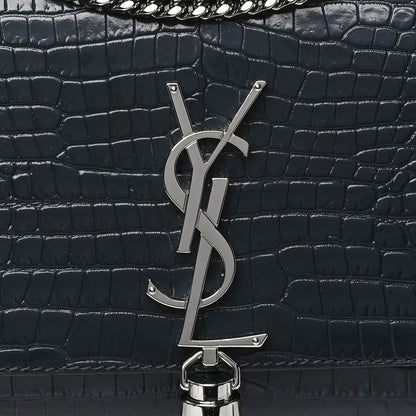 Saint Laurent Calfskin Crocodile Embossed Small Classic Monogram Kate Tassel Satchel Navy 6 of 8