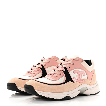 Chanel Nylon Lambskin Suede Calfskin CC Sneakers 38.5 Pink White Black 3 of 7