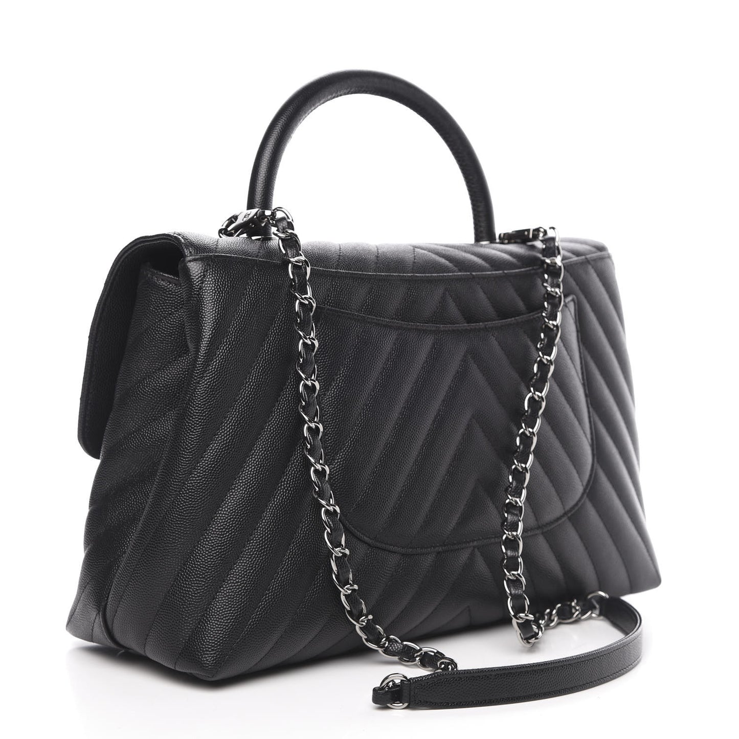 Caviar Chevron Quilted Medium Coco Handle Flap Black