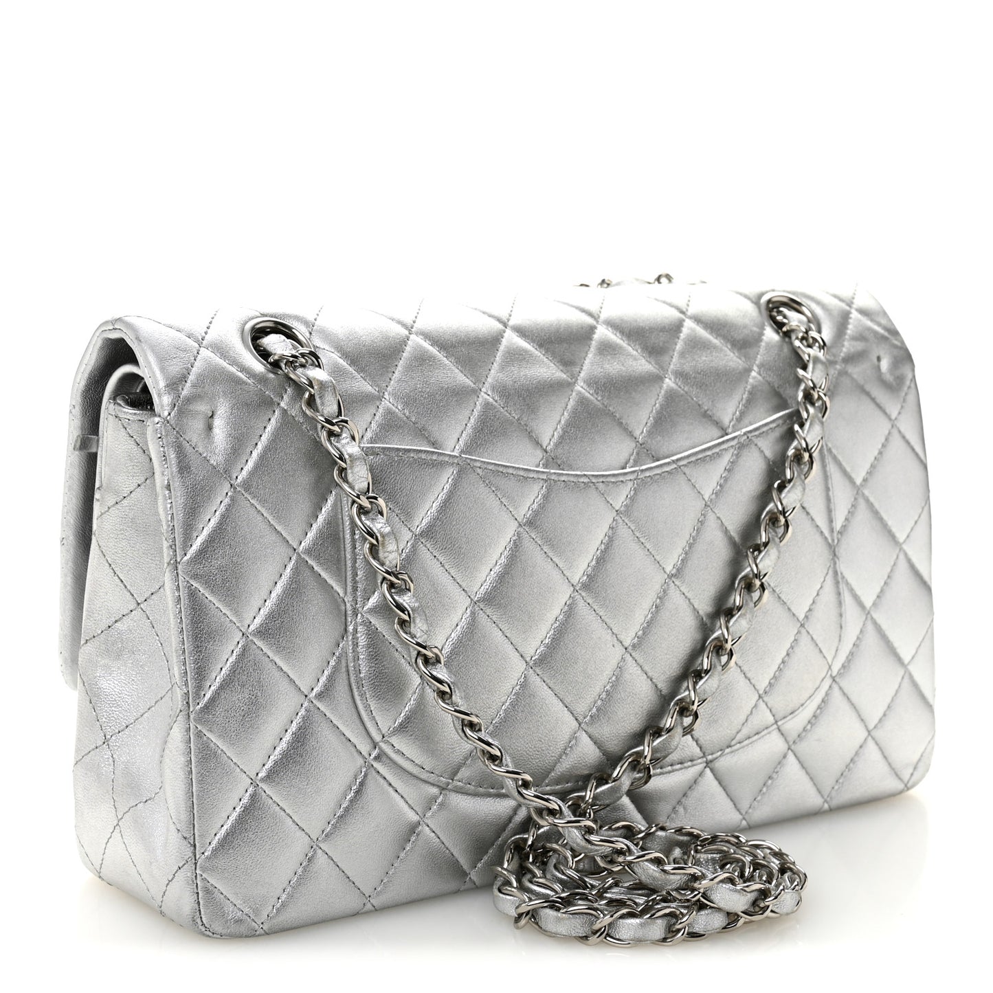 Metallic Lambskin Quilted Medium Double Flap Silver