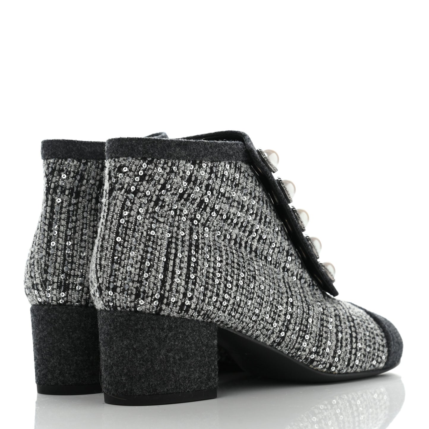 Tweed Pearl Cap Toe Short Boot 37 Ecru Black Grey
