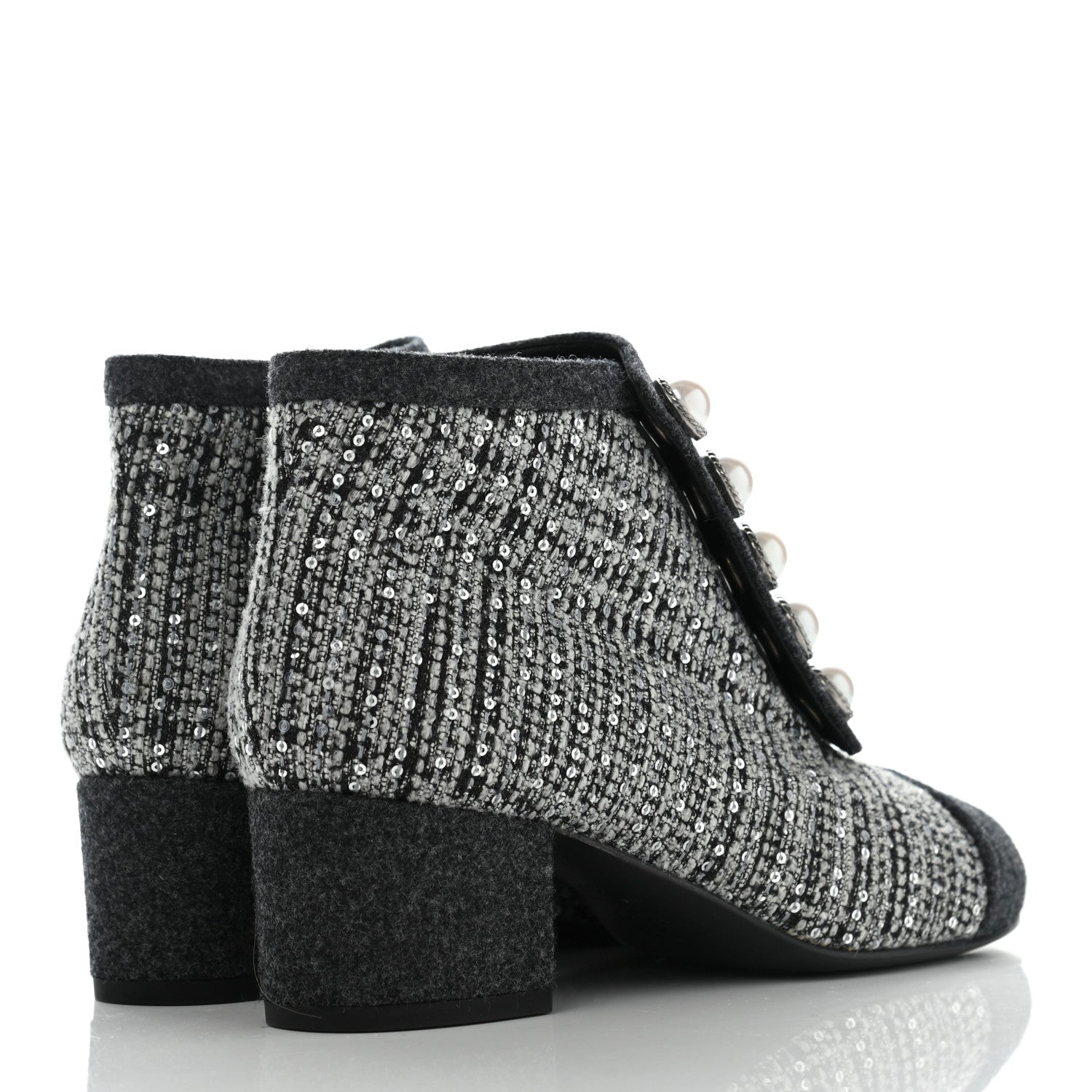 Chanel Tweed Pearl Cap Toe Short Boot 37 Ecru Black Grey 4 of 8