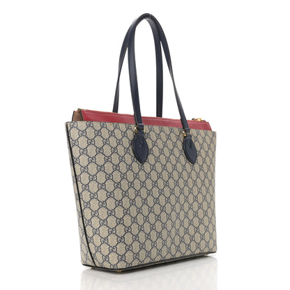 Gucci GG Supreme Monogram Medium Zippered Bucket Tote Beige Blue Hibiscus Red 3 of 14