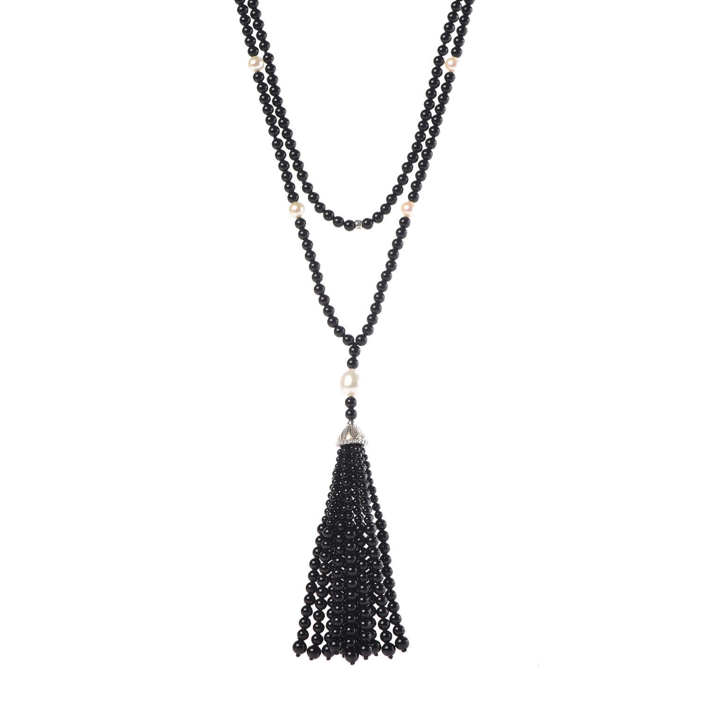 Sterling Silver Black Onyx Freshwater Pearl Ziegfeld Tassel Necklace