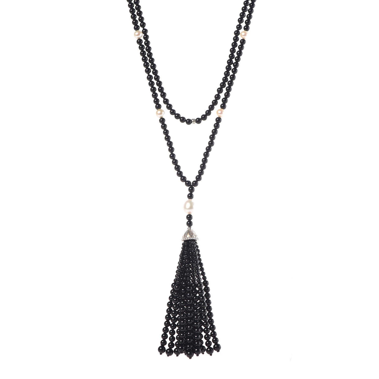Tiffany Sterling Silver Black Onyx Freshwater Pearl Ziegfeld Tassel Necklace 1 of 6