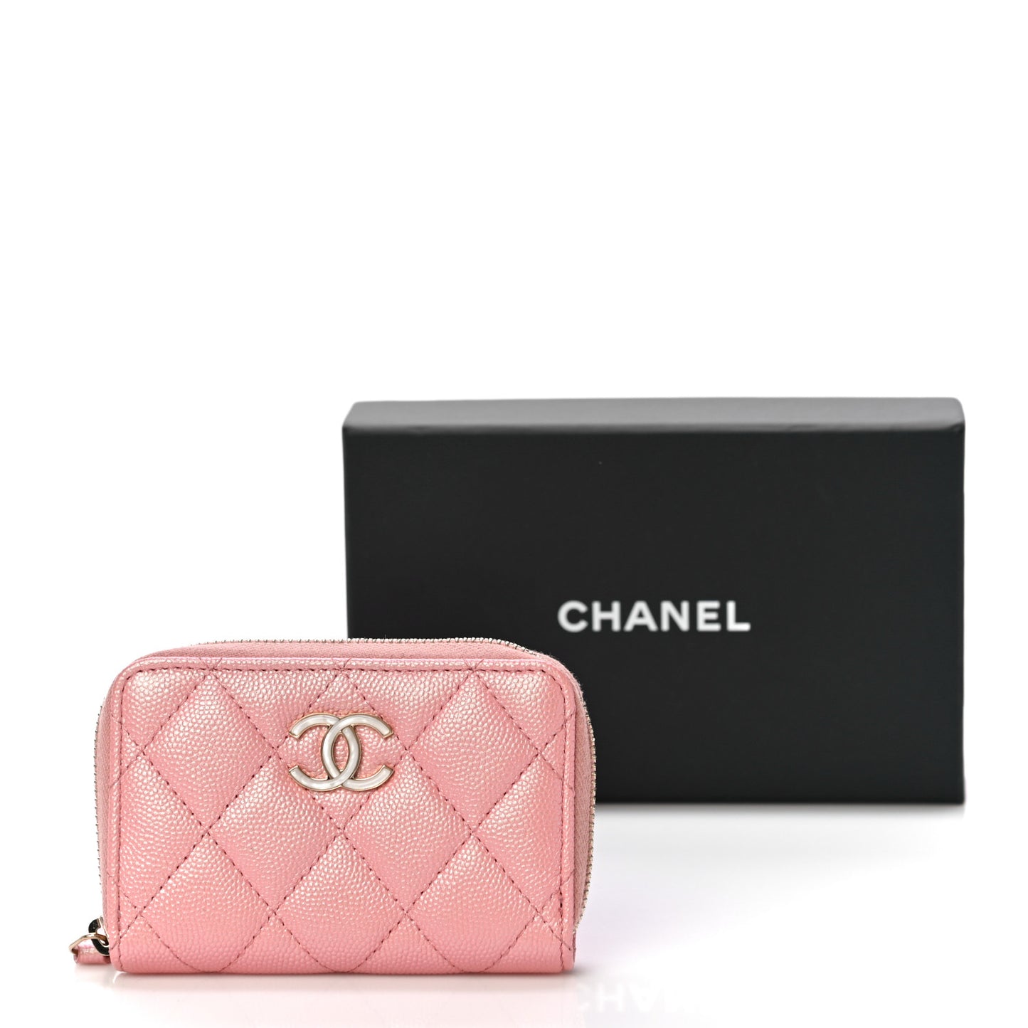 Iridescent Caviar Quilted Zip Coin Purse Pink