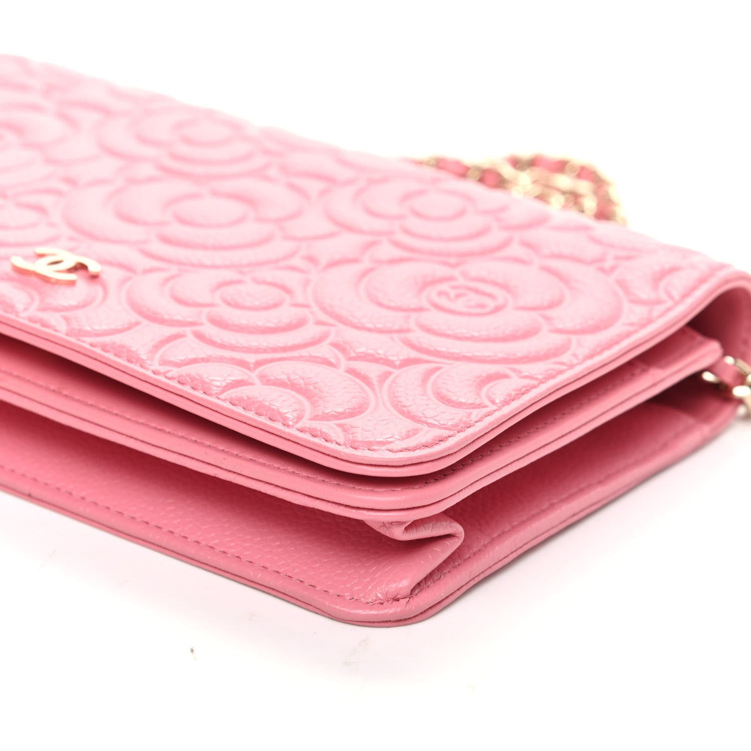 Chanel Lambskin Camellia Embossed Wallet On Chain WOC Pink 9 of 9