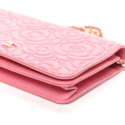 Chanel Lambskin Camellia Embossed Wallet On Chain WOC Pink 9 of 9