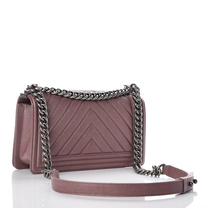 Chanel Metallic Caviar Chevron Quilted Medium Boy Flap Dark Pink 3 of 9