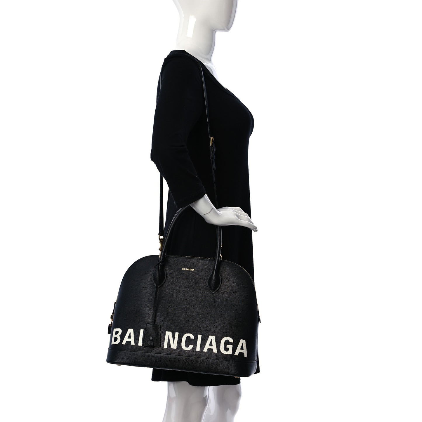 Signature Grained Calfskin Logo M Ville Top Handle Bag Black