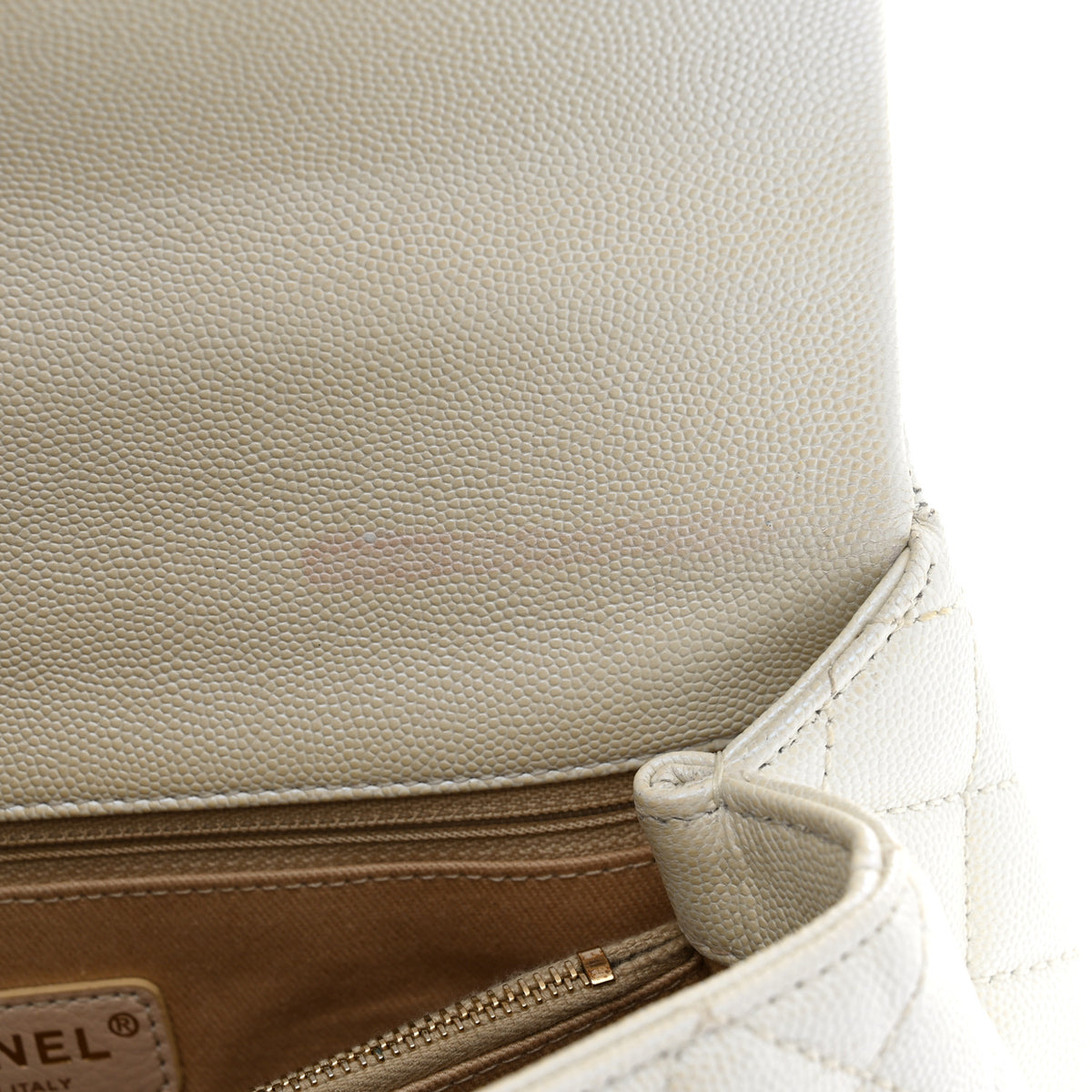 Iridescent Caviar Quilted Small Coco Handle Flap White